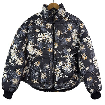 #ad FLX Womens Quilted Packable Jacket Medium Pitch Black Floral Zip Front Closure $31.37