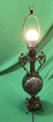 Vintage Table Lamp Brass amp; Floral Hand Painted Multi Color 23.5” Height. $65.00