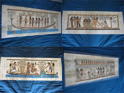 #ad Collection Set 4 Huge Signed Egyptian Papyrus Museum Art Paintings 32X12quot; Inches $47.50