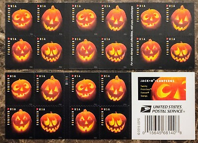 #ad Booklet of 20 Halloween Forever Stamps 2016 JACK O#x27; LANTERNS #5137 5140 MNH 🎃 $13.45