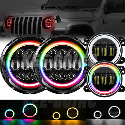 #ad RGB Halo 7quot; LED Headlights 4inch Fog Light Combo for Jeep Wrangler JK 2007 17 $146.99