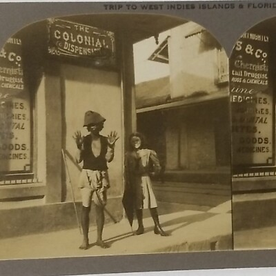 #ad Private Photo Stereoview 1911 Caribbean Trinidad Beggar Drug Store St. W.I. #37 $24.99