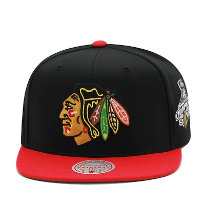 #ad Mitchell amp; Ness Chicago Blackhawks NHL Snapback Hat Cap Black Red Side Patch $38.90