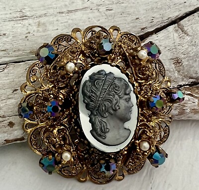 #ad Vintage Miriam Haskell or Austrian Cameo Russian Gold Rhinestone Brooch Pin #52 $349.99