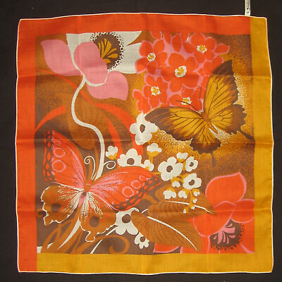 #ad Orange Gold Brown Butterfly Flowers 20quot; Square Cotton Nasharr Freres Scarf $12.99