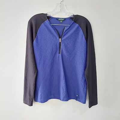 #ad Lauren Ralph Lauren blouse Large blue black long sleeve zipper front $18.00