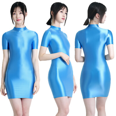 #ad Women#x27;s Sexy Oil Smooth Glossy Dresses High Neck Short Sleeve Sports Tight Skirt $30.07