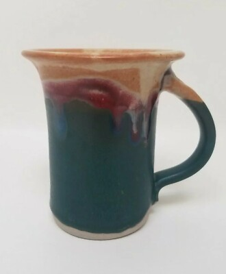 #ad TESTED BY FIRE POTTERY Drip Glaze Primitive Coffee Mug Cup Rob Grimes Green Red $19.95