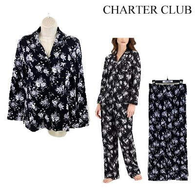 #ad NWOT Charter Club S Brushed Knit Notch Collar Cotton Floral Black 100136685MS $18.60