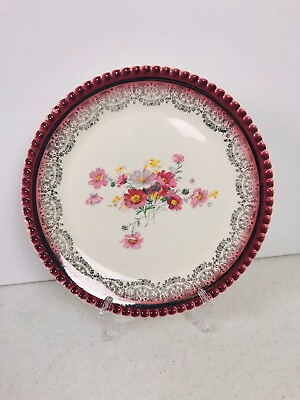 #ad Nasco MADE IN U.S.A. Floral Silver Trim Dark Pink Beaded Edge DINNER PLATE 11” $14.99