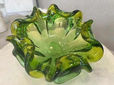 #ad Art Glass Mid Century Modern Murano Green Yellow Bowl Candy Dish Ashtray MCM $34.99