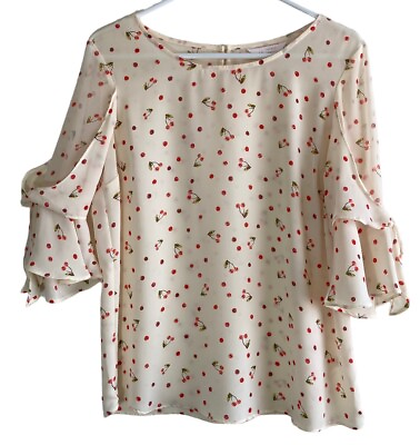 #ad LC Lauren Conrad Womens Blouse M Top Flared Sheer Sleeves Cherries Party Wedding $14.91