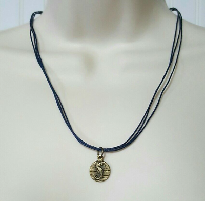 #ad Womens Seahorse Nautical Necklace Navy Blue Ribbon 21quot; Bronze Tone Handmade $8.95
