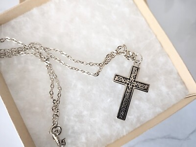 #ad Vintage Cross Embossed Silver Plated 1 1 4quot; Pendant 19 1 2quot; SP Necklace $15.29