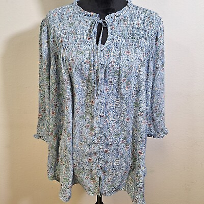 #ad Rose Olive Womens Floral 3 4 Sleeve Pintuck Blouse Blue Pink Floral 2X $18.99
