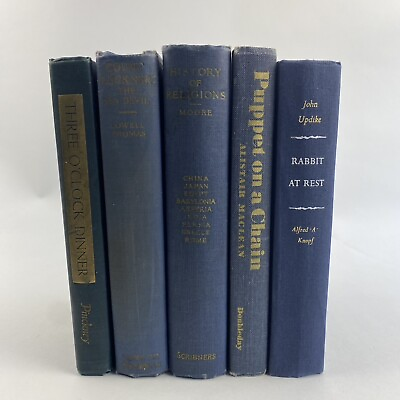 #ad Lot Of 5 Antique Vintage Books Lot Navy Blue Gold Prop Shelf Decor Stack $32.20