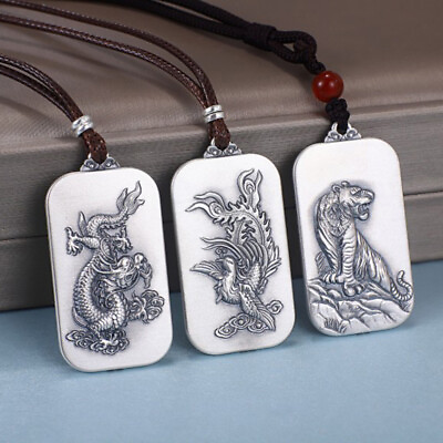 #ad Solid 999 Fine Silver Pendant Handmade Rectangle Shape Tiger Dragon And Phoenix $55.02