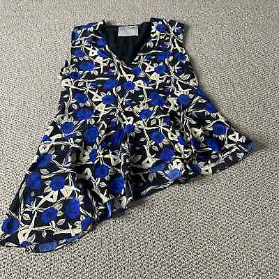 #ad Jason Wu Womens Blouse Size 8 Black Blue Floral Silk Faux Wrap Asymmetric $21.88