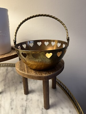 #ad Brass Heart Basket Trinket Bowl Moveable Handle. $10.00