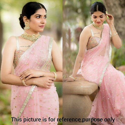 #ad Ethnic Festive Net Traditional Pink Saree Women Wedding Sequins Sari Blouse $39.99