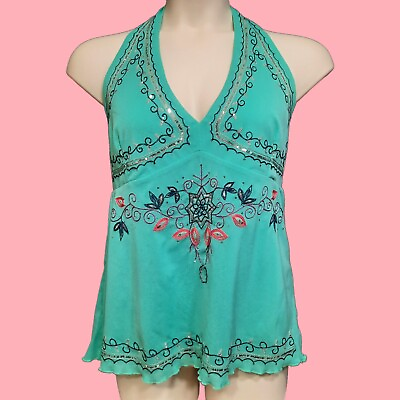 #ad Y2K Babydoll Halter Top Womens 2X Turquoise embroidered Sequined V neck 2000s C $35.00