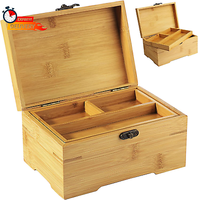#ad Large Wooden Box with Hinged Lid Bamboo Wood Multi Purpose Storage Box with Tra $25.60