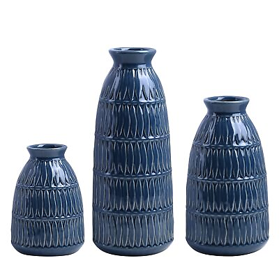#ad Navy Blue Ceramic Flower Vases for Home Decor Set of 3 Living Room Décor Mo... $52.27