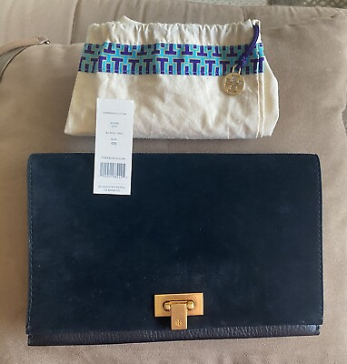 #ad NWT Tory Burch Suede And Leather Carmen Clutch Bag Black $170.00