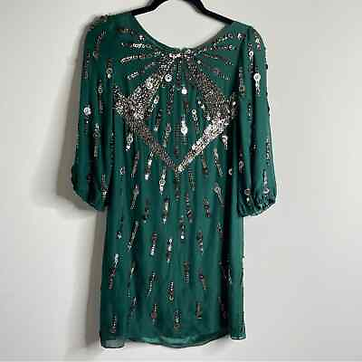 #ad Badgley Mischka silk embellished holiday green 3 4 sleeve dress size small $46.40