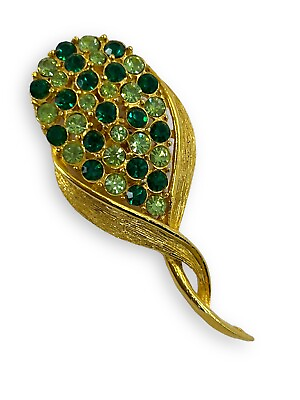 #ad Vintage 1950s Gold Tone High End Uranium Glow Glass Green Stone Brooch Pin $32.99
