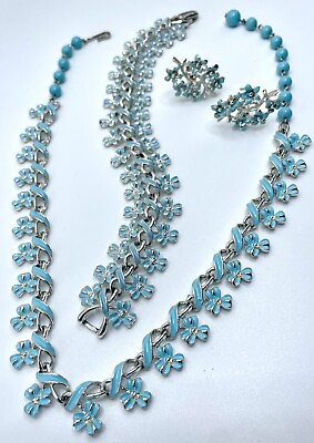 #ad Vintage Coro Parure Necklace Bracelet Earrings 1950’s Blue Flower Enamel Set $125.00
