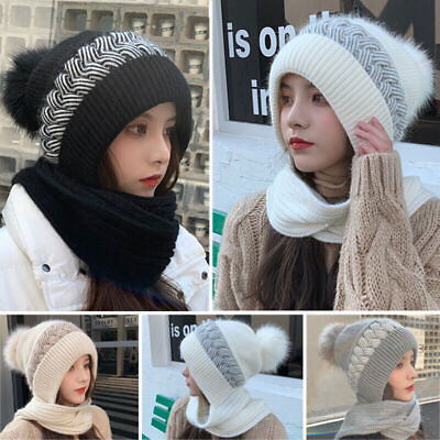 #ad Women Winter Set Ladies Woolly Thick Knit Hat And Scarf Set Soft Warm Thicken $18.86