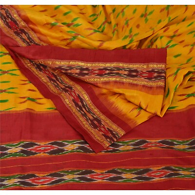 #ad Sanskriti Vintage Yellow Sarees Pure Silk Woven Patola Ikat Sari Craft Fabric $42.69