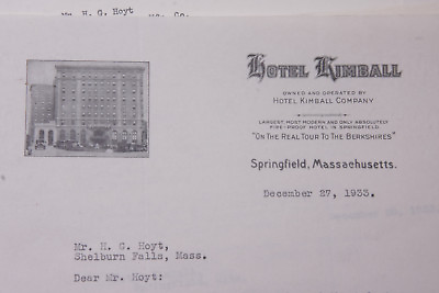 #ad 1933 Lamson Goodnow Hotel Kimball Springfield MA Hand Written Ephemera L354A $37.95