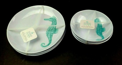 #ad Sigrid Olsen Home Set of 4 Dinner Plates amp; 4 Salad Bowls Melamine Blue Sea Horse $69.95