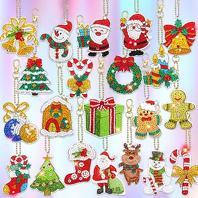 #ad 21 Pcs Christmas DIY Diamond Key Chain Ornaments 5D Painting Key Ring Rhinest... $22.37