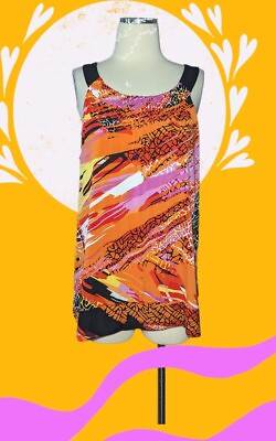 #ad AB STUDIO Size XL Abstract Tank Top Shirt COLORFUL Stretch Orange Pink Black $13.99