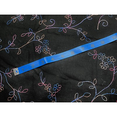 #ad Embroidered flowers on black cotton fabric blues pinks Beautiful 52quot;w 28quot;L New $10.00