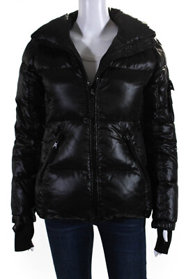 #ad SAM. Womens Thumb Hole Long Sleeved Zippered Puffer Coat Jacket Black Size S $85.39