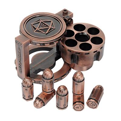 #ad NEW Metal Polyhedral Dice Set of 7 Spinning Revolver Cylinder Container Brass $62.99