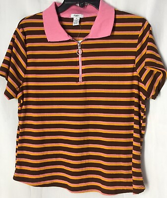#ad Rue Shirt 2x Upper Zip Short Sleeve Juniors Youth Top Pink Brown Stripes New $11.60