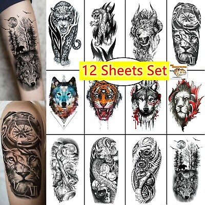#ad 12 X Sheets Temporary Tattoo Stickers Animal Tiger Wolf Waterproof Arm Body Art $7.95