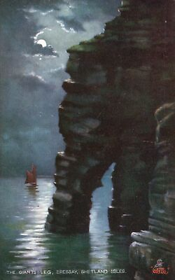 #ad Vintage Postcard The Giant#x27;s Leg Bressay Shetland Isles Moonlit Seas Oilette $9.89
