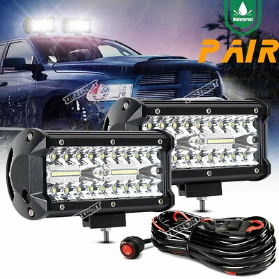 #ad 2PC 7INCH 240W LED Light Bar Spot Flood Pods Lights Off Road Truck 4WD 12V Wire $31.34