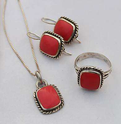 #ad VTG 1970s Enamel Set Red 925 Silver Necklace Earrings Ring Rope Geometric Gift $119.20