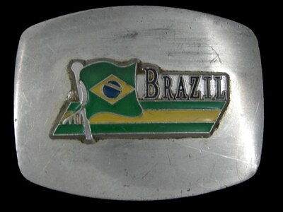 #ad RL15120 REALLY COOL **FLAG OF BRAZIL** COMMEMORATIVE SILVERTONE BELT BUCKLE $15.00