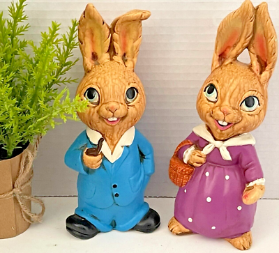 #ad 1950s Vintage Mr And Mrs Bunny Rabbit Spring Easter 8” Figurine Statue Japan $99.95