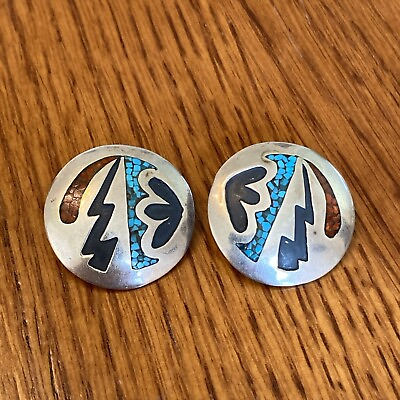 #ad Tommy Singer Navajo Chip Inlay Turquoise Post Earrings Sterling Vintage 5h $109.00