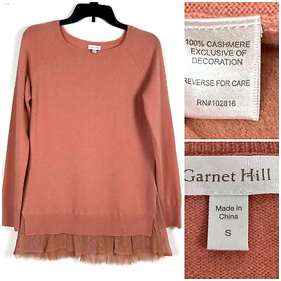 #ad Garnet Hill Cashmere Sweater Salmon Lace Hem Womens Crewneck ret Size Small $85.00