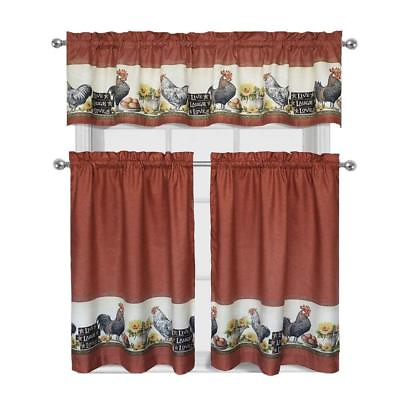 #ad 3 Piece Rooster Window Treatment Kitchen Curtain Panel Tier amp; Valance Set $10.99
